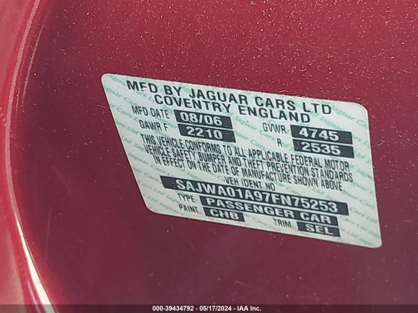 2007 Jaguar S-Type 3.0 V6 VIN: SAJWA01A97FN75253 Lot: 39434792