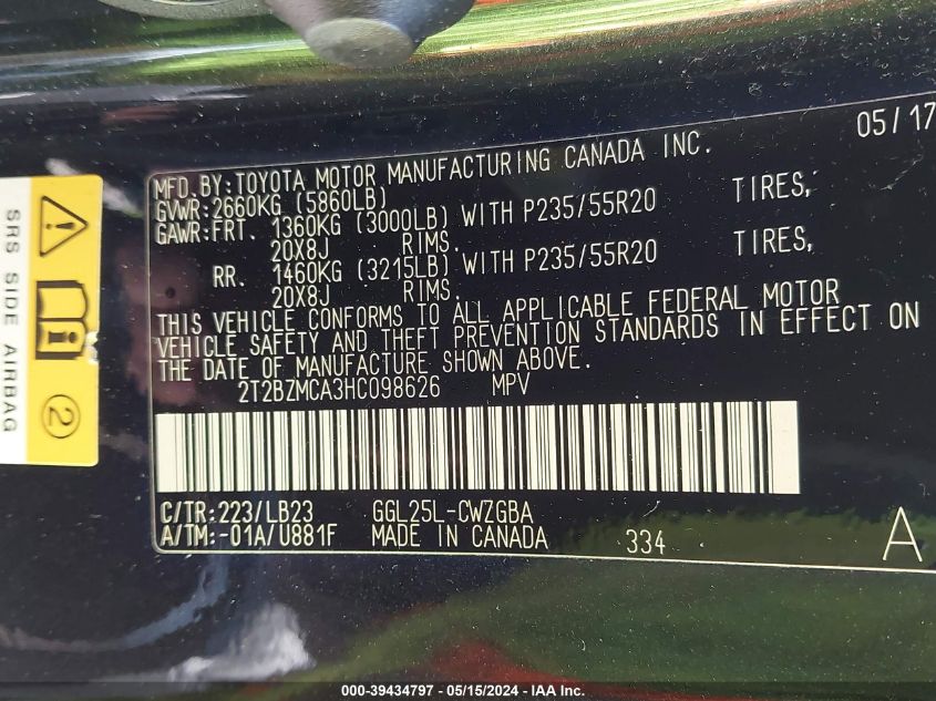 2017 Lexus Rx 350 VIN: 2T2BZMCA3HC098626 Lot: 39434797