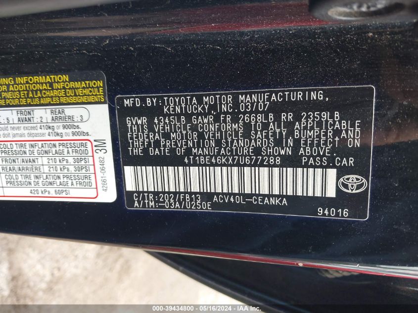 2007 Toyota Camry Ce VIN: 4T1BE46KX7U677288 Lot: 39434800