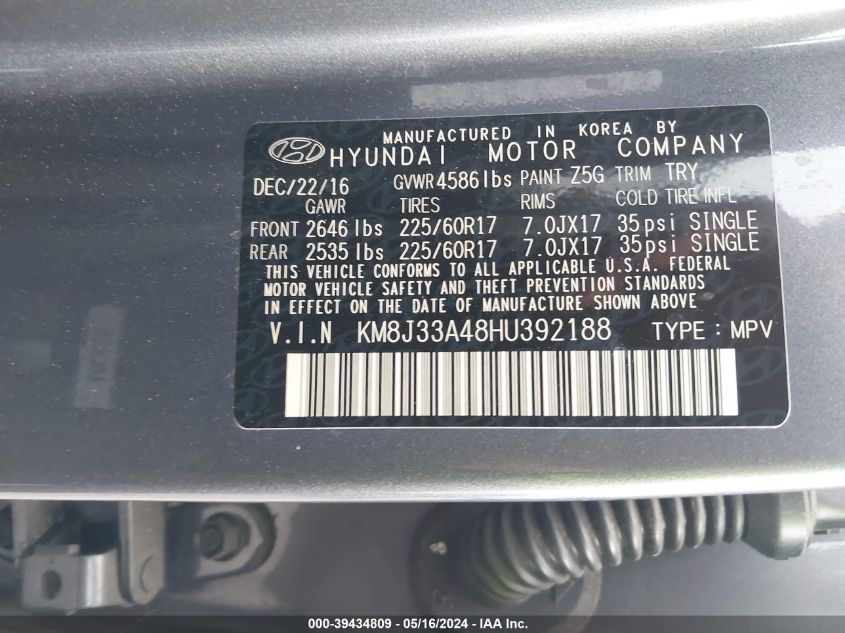 2017 Hyundai Tucson Se VIN: KM8J33A48HU392188 Lot: 39434809