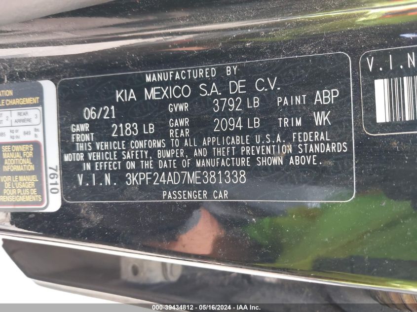 2021 Kia Forte Lxs VIN: 3KPF24AD7ME381338 Lot: 39434812