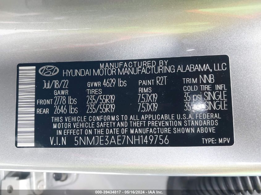 2022 Hyundai Tucson Limited VIN: 5NMJE3AE7NH149756 Lot: 39434817