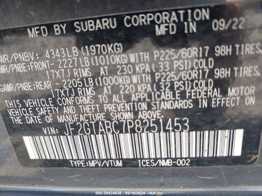 2023 Subaru Crosstrek VIN: JF2GTABC7P8251453 Lot: 39434830