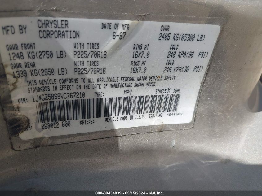 1997 Jeep Grand Cherokee Laredo/Tsi VIN: 1J4GZ58S9VC767210 Lot: 39434839