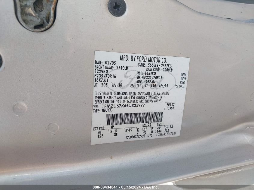 2005 Ford Explorer Sport Trac Adrenalin/Xls/Xlt VIN: 1FMZU67K65UB35999 Lot: 39434841