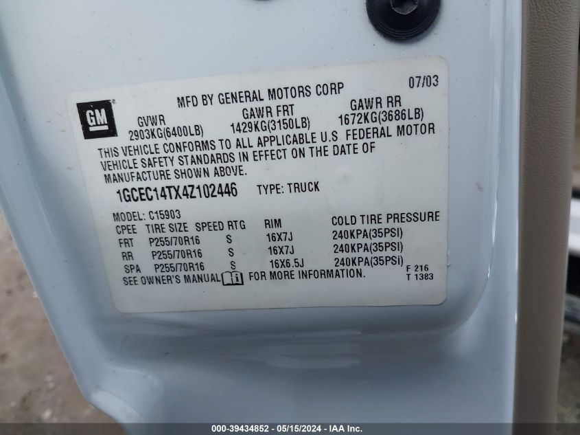 2004 Chevrolet Silverado 1500 Ls VIN: 1GCEC14TX4Z102446 Lot: 39434852