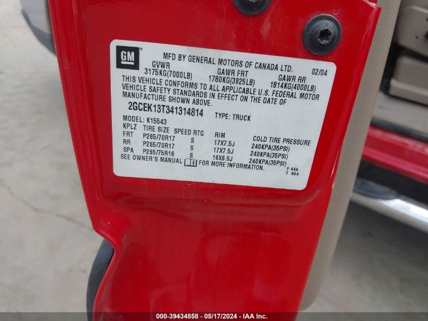 2004 Chevrolet Silverado 1500 Z71 VIN: 2GCEK13T341314814 Lot: 39434858