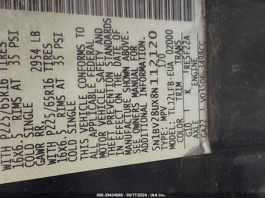 2008 Nissan Quest 3.5 VIN: 5N1BV28UX8N112120 Lot: 39434868