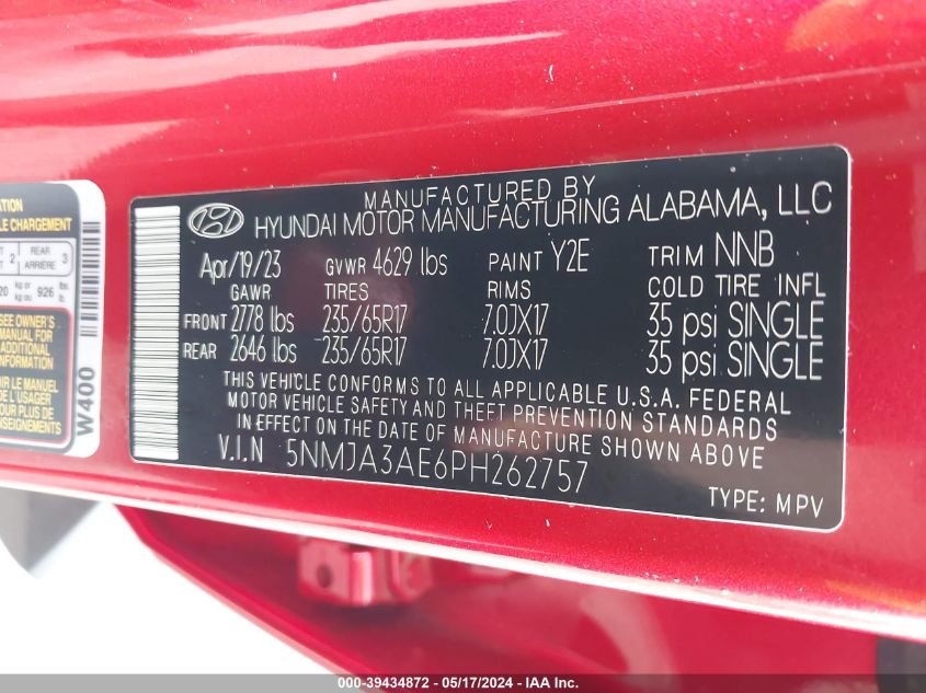 2023 Hyundai Tucson Se VIN: 5NMJA3AE6PH262757 Lot: 39434872