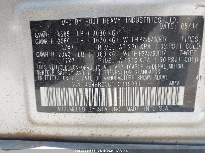 2014 Subaru Outback 2.5I Premium VIN: 4S4BRCCC1E3319091 Lot: 39434881