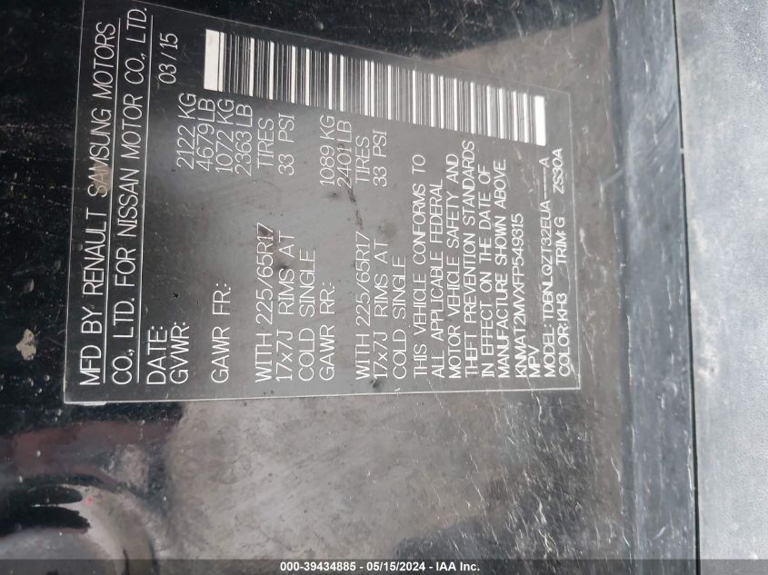 2015 Nissan Rogue Sv VIN: KNMAT2MVXFP549315 Lot: 39434885