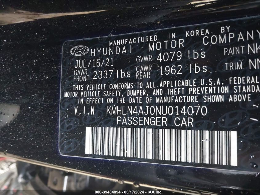 2022 Hyundai Elantra Hybrid Limited VIN: KMHLN4AJ0NU014070 Lot: 39434894