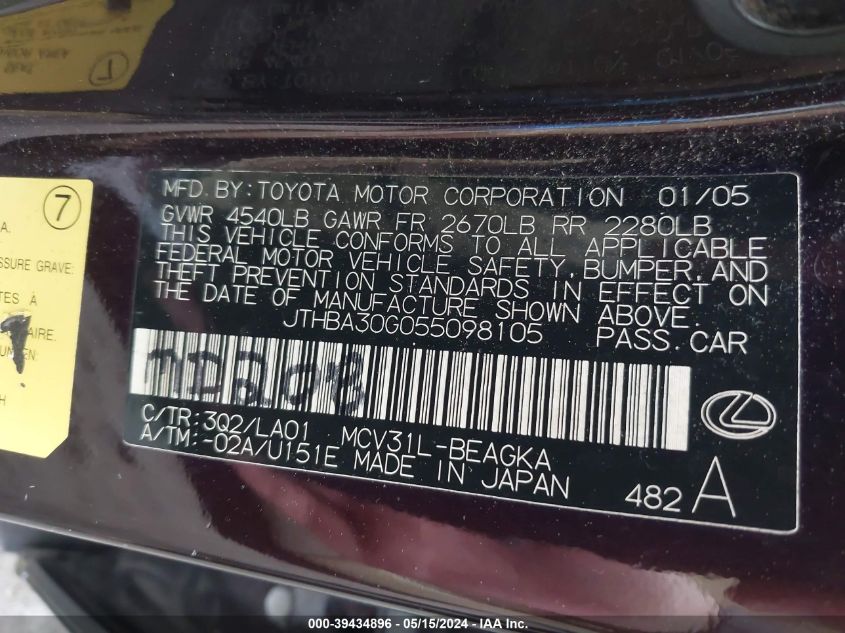 2005 Lexus Es 330 VIN: JTHBA30G055098105 Lot: 39434896
