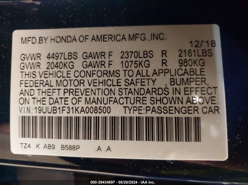 19UUB1F31KA008500 2019 Acura Tlx Standard