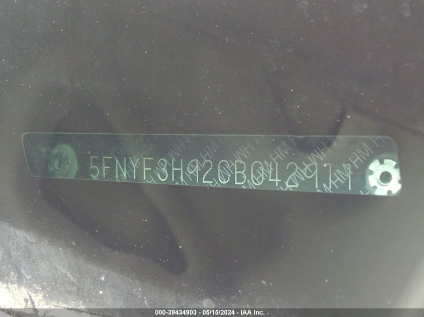 2012 Honda Pilot Touring VIN: 5FNYF3H92CB042911 Lot: 39434903