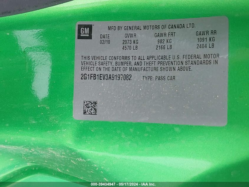 2010 Chevrolet Camaro 1Lt VIN: 2G1FB1EV3A9197082 Lot: 39434947