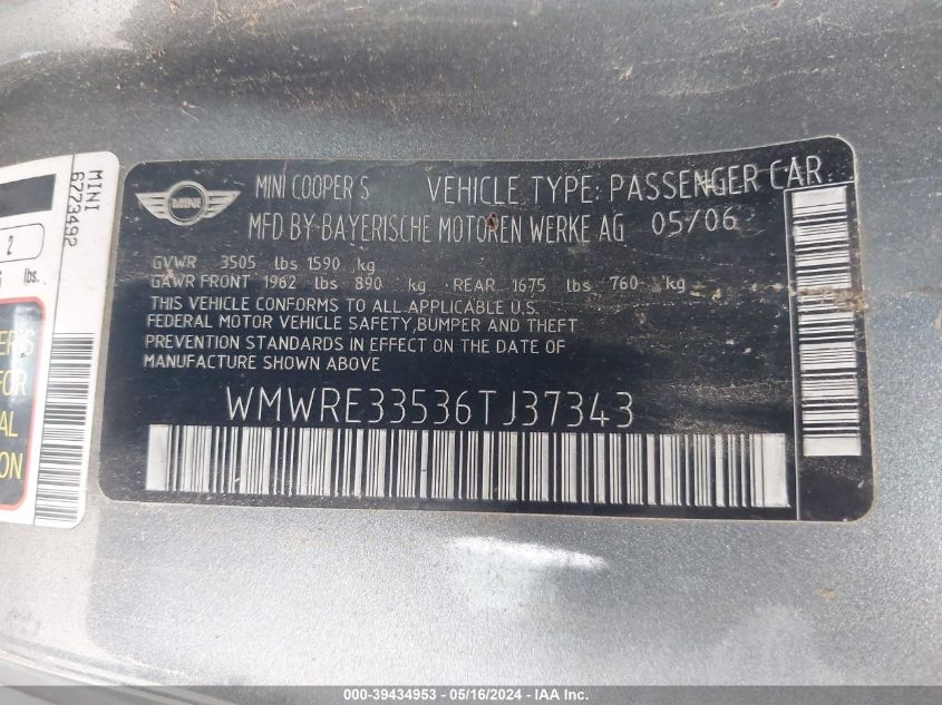 2006 Mini Cooper VIN: 07210044817122630 Lot: 39434953