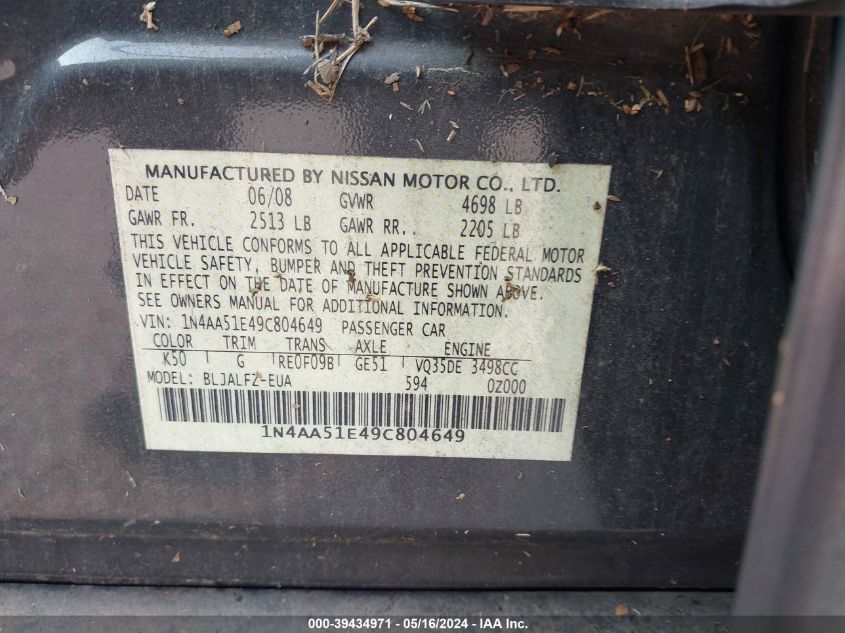 2009 Nissan Maxima S/Sv VIN: 1N4AA51E49C804649 Lot: 39434971