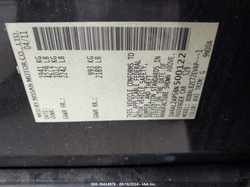 2011 Nissan Altima 2.5 S VIN: 1N4AL2AP5BN500122 Lot: 39434976