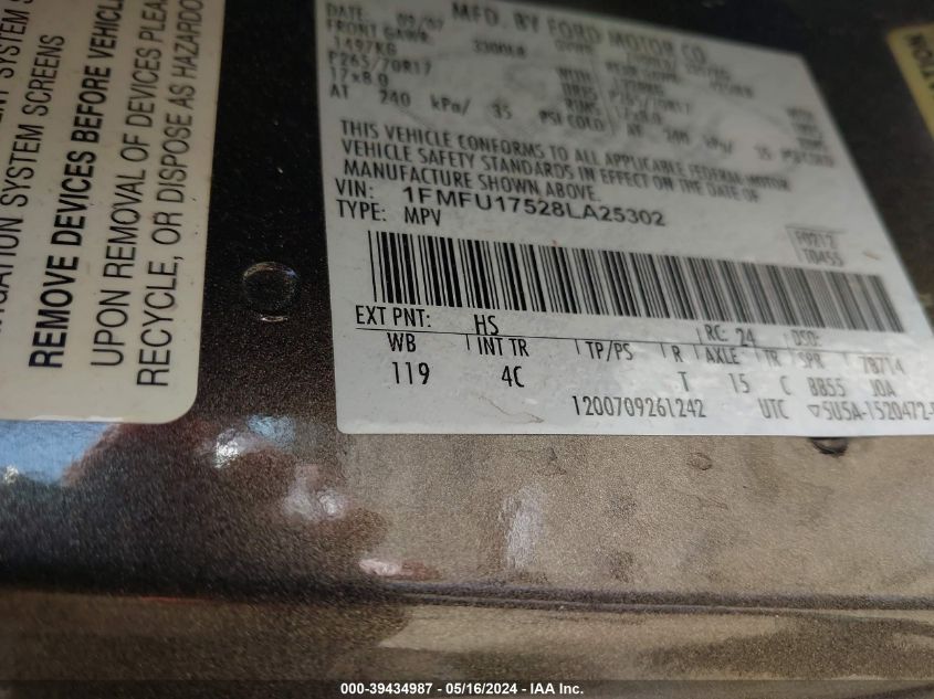 2008 Ford Expedition Eddie Bauer/King Ranch VIN: 1FMFU17528LA25302 Lot: 39434987