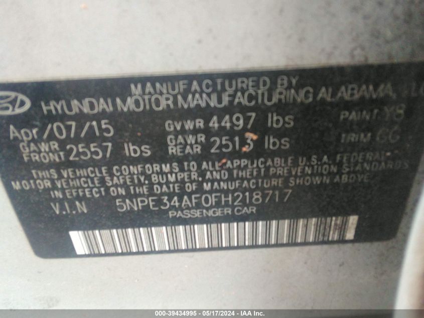 2015 Hyundai Sonata Sport/Limited VIN: 5NPE34AF0FH218717 Lot: 39434995
