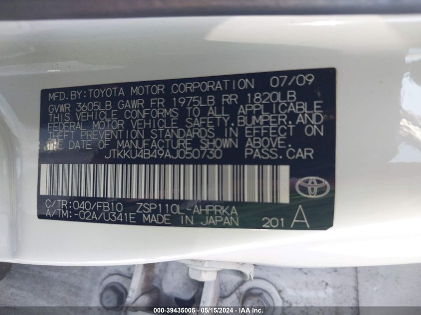 2010 Scion Xd VIN: JTKKU4B49AJ050730 Lot: 39435005