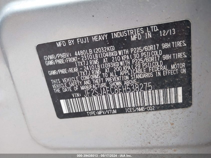 2014 Subaru Forester 2.5I Premium VIN: JF2SJAEC8EH538275 Lot: 39435013