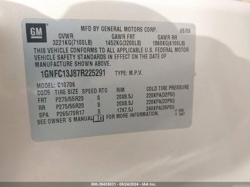 2007 Chevrolet Tahoe Ltz VIN: 1GNFC13J87R225291 Lot: 39435031