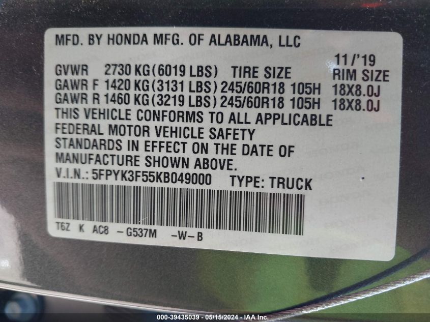 2019 HONDA RIDGELINE RTL - 5FPYK3F55KB049000