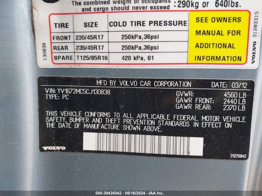2012 Volvo C70 T5/T5 Platinum/T5 Premier Plus VIN: YV1672MC5CJ130838 Lot: 39435042