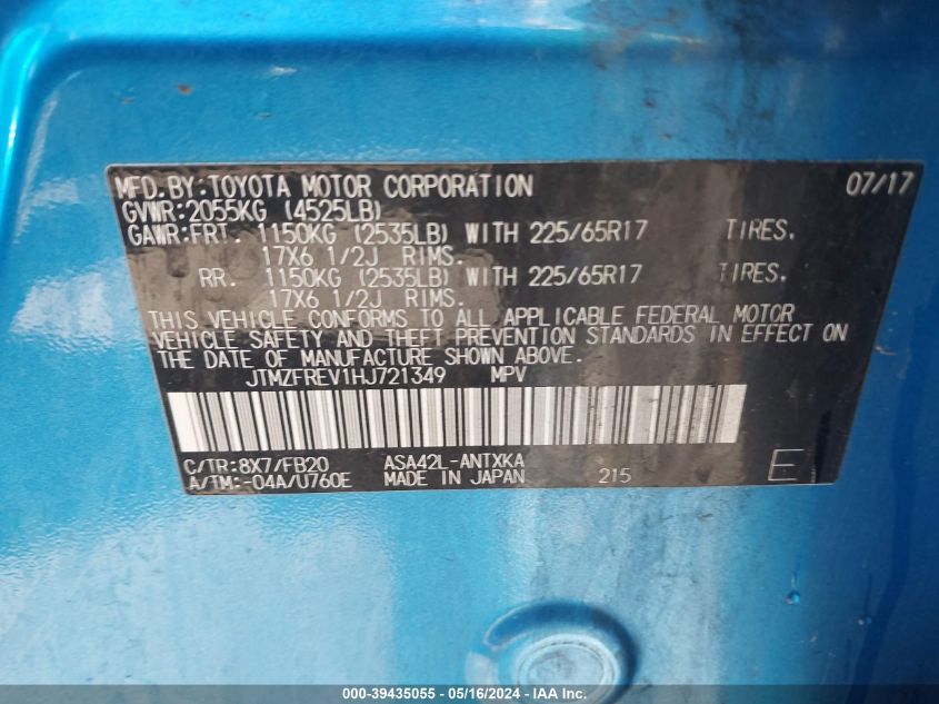 2017 Toyota Rav4 Le VIN: JTMZFREV1HJ721349 Lot: 39435055