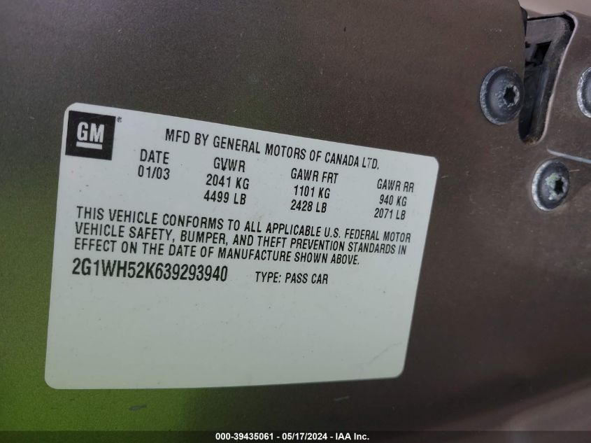 2003 Chevrolet Impala Ls VIN: 2G1WH52K639293940 Lot: 39435061