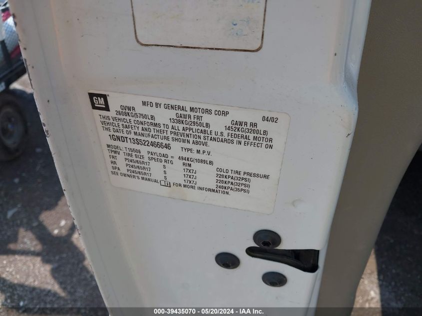 2002 Chevrolet Trailblazer Ls VIN: 1GNDT13S522466646 Lot: 39435070