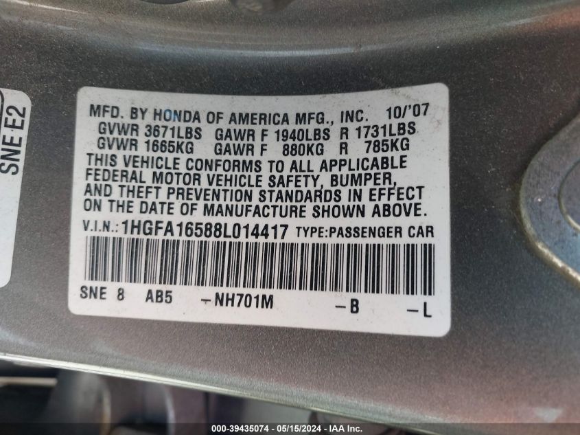 2008 Honda Civic Lx VIN: 1HGFA16588L014417 Lot: 39435074