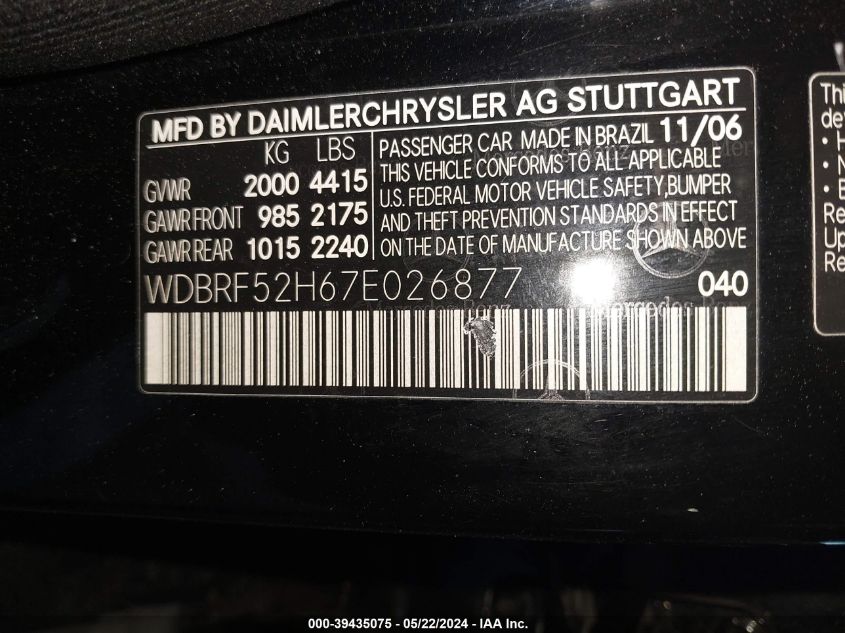 2007 Mercedes-Benz C 230 Sport VIN: WDBRF52H67E026877 Lot: 39435075