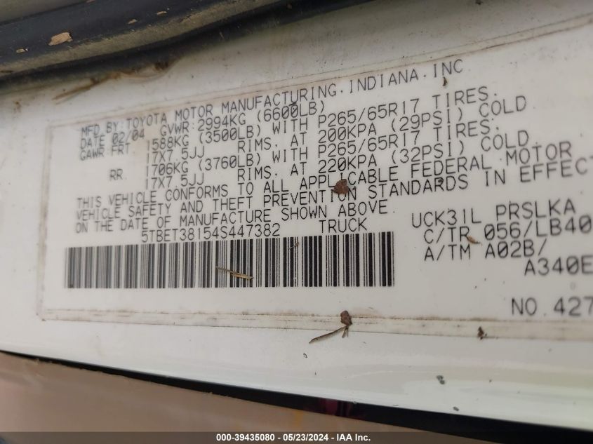 2004 Toyota Tundra Limited V8 VIN: 5TBET38154S447382 Lot: 39435080