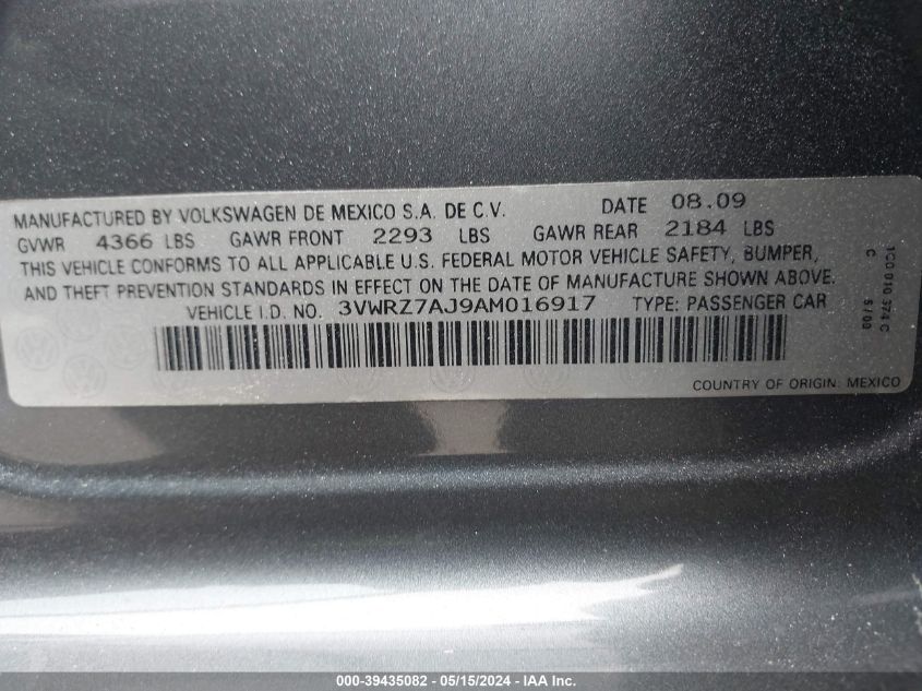 2010 Volkswagen Jetta Se VIN: 3VWRZ7AJ9AM016917 Lot: 39435082