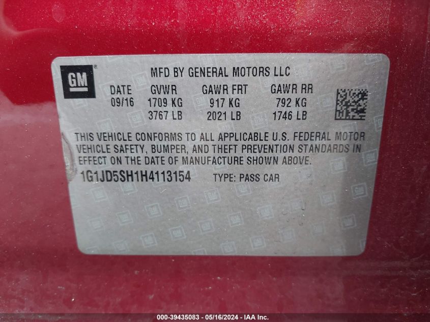 2017 Chevrolet Sonic Lt Auto VIN: 1G1JD5SH1H4113154 Lot: 39435083