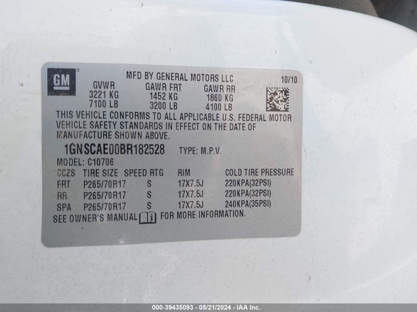 2011 Chevrolet Tahoe Ls VIN: 1GNSCAE00BR182528 Lot: 39435093