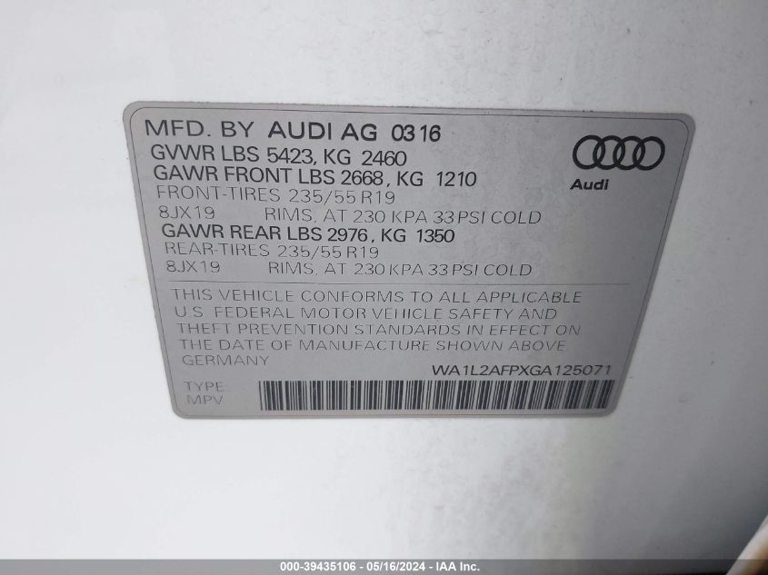 2016 Audi Q5 2.0T Premium VIN: WA1L2AFPXGA125071 Lot: 39435106