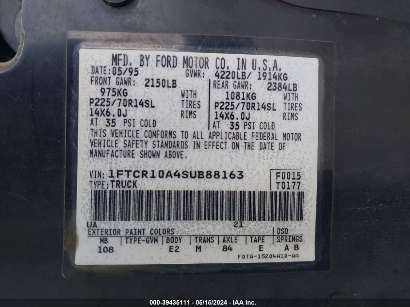 1995 Ford Ranger VIN: 1FTCR10A4SUB88163 Lot: 39435111