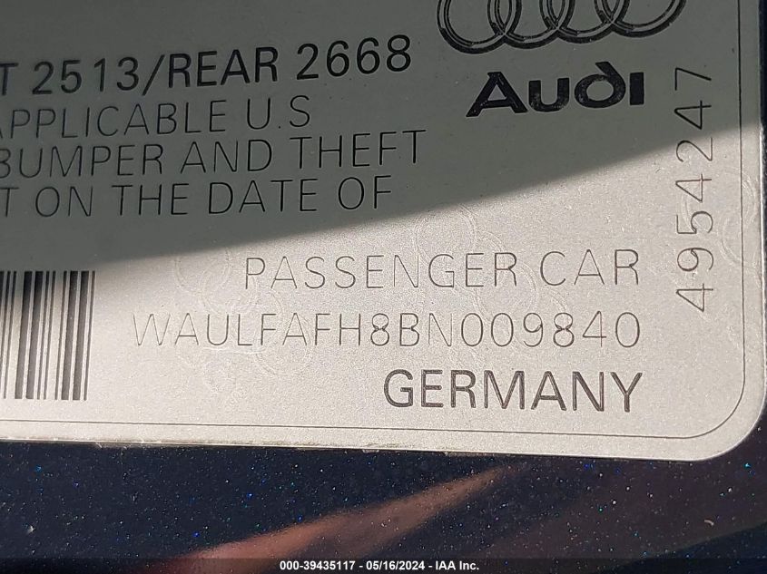 2011 Audi A5 2.0T Premium VIN: WAULFAFH8BN009840 Lot: 39435117
