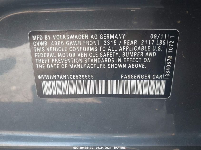 2012 Volkswagen Cc Lux Plus VIN: WVWHN7AN1CE539595 Lot: 39435130