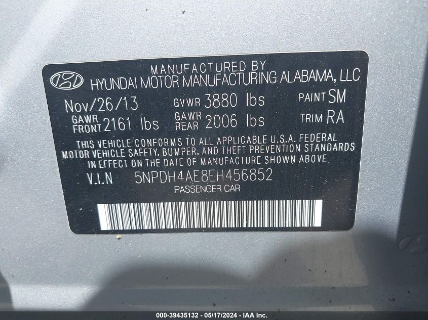 2014 Hyundai Elantra Se VIN: 5NPDH4AE8EH456852 Lot: 39435132