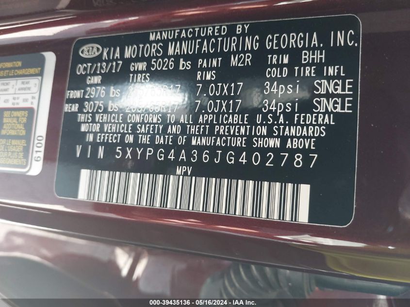 2018 Kia Sorento 2.4L Lx VIN: 5XYPG4A36JG402787 Lot: 39435136