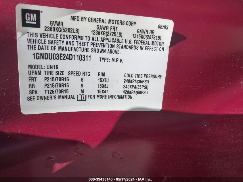 2004 Chevrolet Venture VIN: 1GNDU03E24D110311 Lot: 39435140