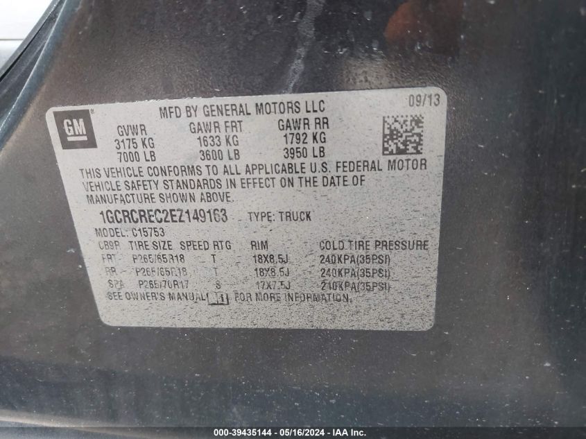 2014 Chevrolet Silverado 1500 1Lt VIN: 1GCRCREC2EZ149163 Lot: 39435144