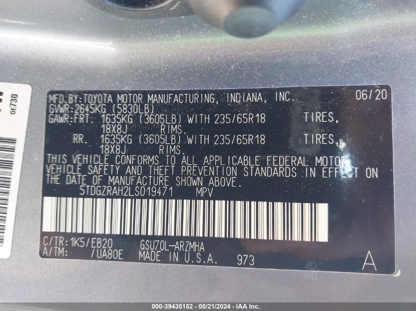 2020 Toyota Highlander Xle VIN: 5TDGZRAH2LS019471 Lot: 39435152
