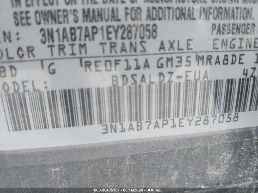 2014 Nissan Sentra Sv VIN: 3N1AB7AP1EY287058 Lot: 39435157