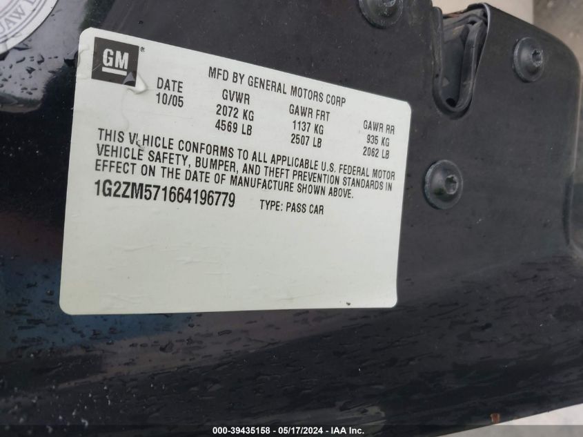 2006 Pontiac G6 Gtp VIN: 1G2ZM571664196779 Lot: 39435158